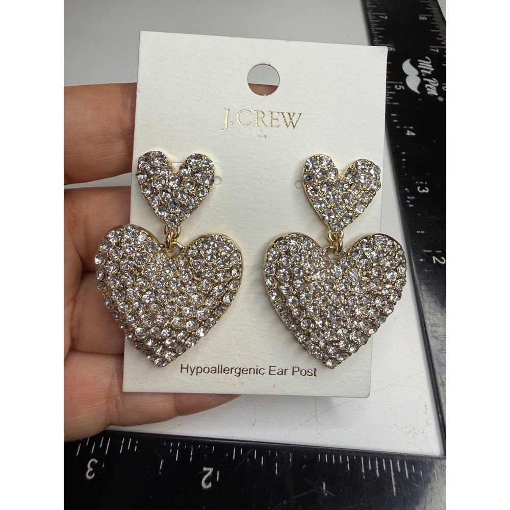J.Crew Pave Crystal Double Heart Drop Earrings Gold Tone CE762 NEW